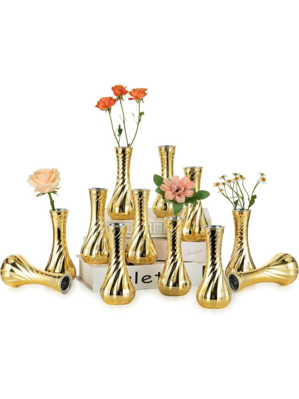 Vintage Gold Glass Bud Vases Set of 6, Ribbed Design, 6.1" Decorative Home Decor